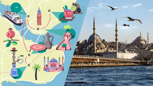 Karte mit Sehenswürdigkeiten für einen Istanbul Trip: Fähre, Galataturm, Moscheen, Granatapfel, Wasserpfeife, Teekanne und ein Cocktail. Daneben die Stadtansicht mit Moscheen und Möwen.