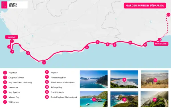 Karte der Garden Route in Südafrika mit 13 Stationen, von Kapstadt bis zum Addo Elephant Nationalpark. Tolle Garden Route Tipps für Ihre Reise!