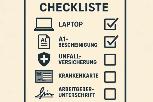 Checkliste für eine Workation in Europa: Laptop, A1-Bescheinigung, Unfallversicherung, Krankenkassenkarte, Arbeitgeberunterschrift.